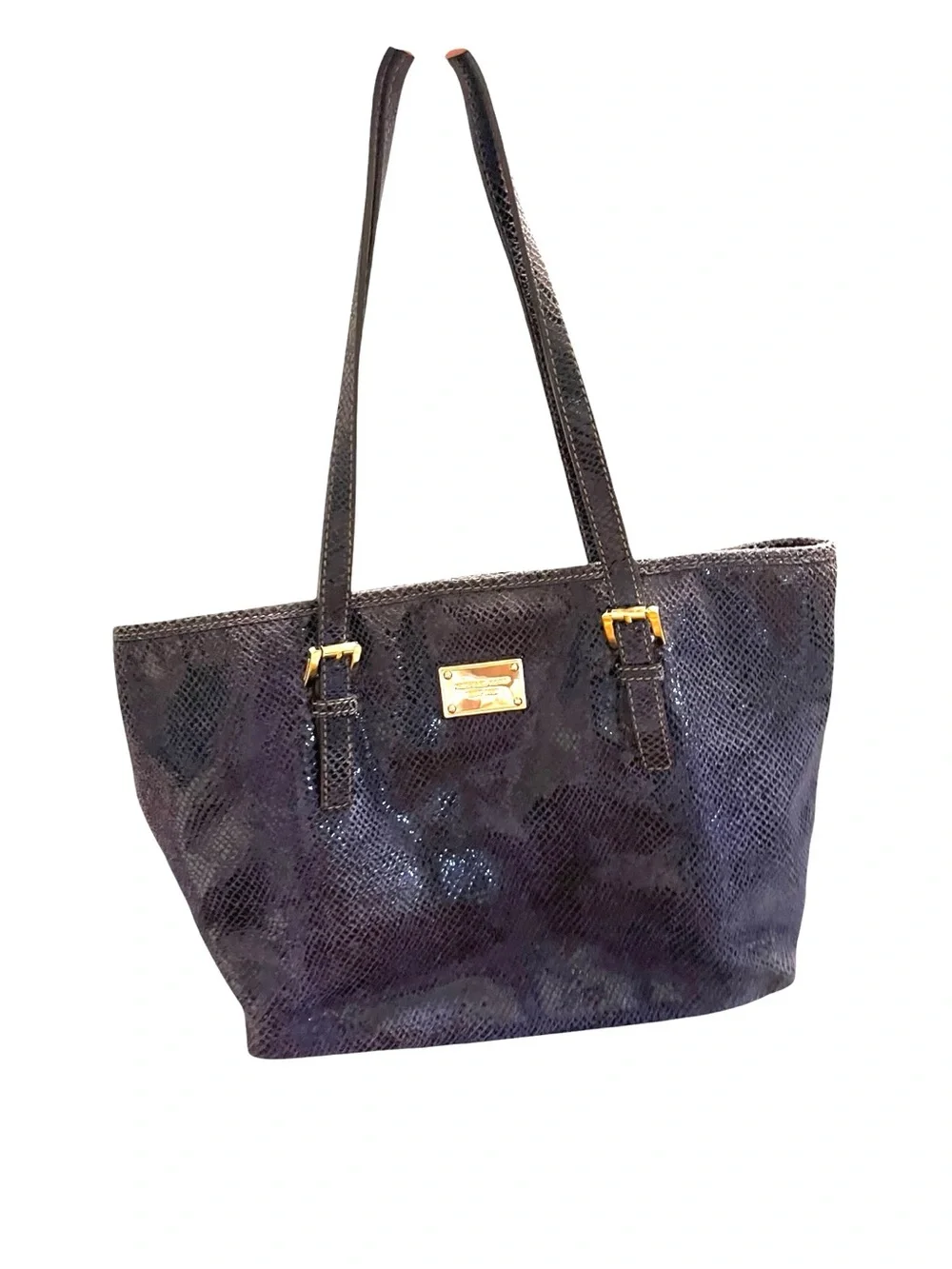 Michael Kors Navy Textured Shoulder Tote with Gold Plaque